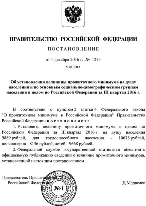 Прожиточный минимум в России снижен в III квартале 2016 г.